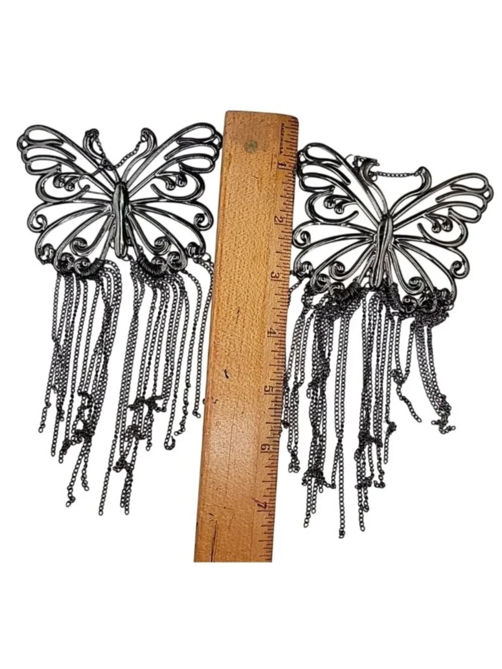 XXL Butterfly Runway Earrings Black Butterfly Tassel Statement Dangle Hooks 8"+ - Picture 9 of 10